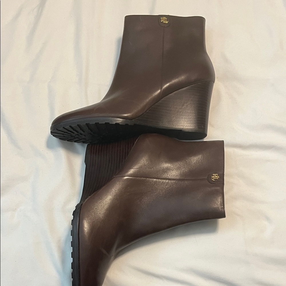 Ralph Lauren Dark Brown Wedge Boots. NWOT